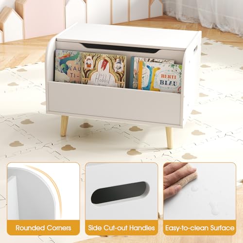 Costzon Kids Wooden Toy Box w/Front Bookshelf, Toy Storage Organizer w/ 4 Solid Wood Legs, Flip-top Lid, Safety Hinge & Cut-Out Handle, Toy Chest for Kids Room, Playroom, Nursery & Classroom - color: White, style: With legs