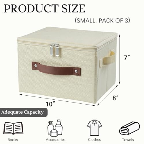 3 Pack Storage Bins with Zipper Lid Fabric Lidded Storage Boxes Baskets Cubes Washable Collapsible PU Leather Handle Cotton Linen Fabric Shelf Closet Organizer Container(Beige, Small Size) - color: Beige, size: Small ( Set of 3)