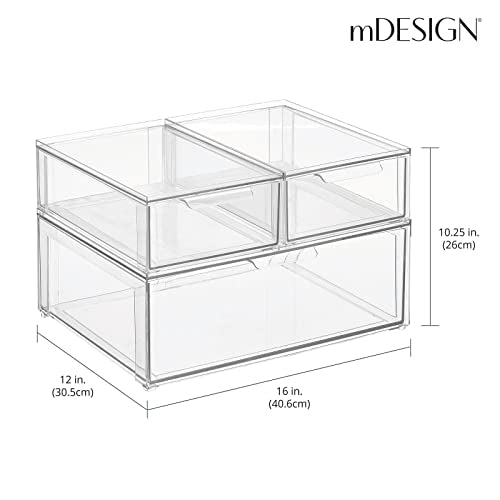 mDesign Plastic Stackable Bathroom Storage Organizer Bin Containers with Front Pull Drawer for Bathroom Countertop, Vanity, Closet Shelves - Holder for Accessories, Lumiere Collection, Set of 3, Clear - size: Mixed Sizes (Pack of 3)