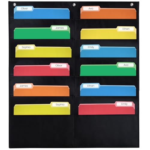 Essex Wares - 12 Pocket File Pocket Chart, Black, 14" Wide x 55" Tall - Versatile Wall Hanging File Folder Organizer for Classroom, Office, Home, and More - Wall Folder Organizer - 12 Pockets - size: 12 Pocket
