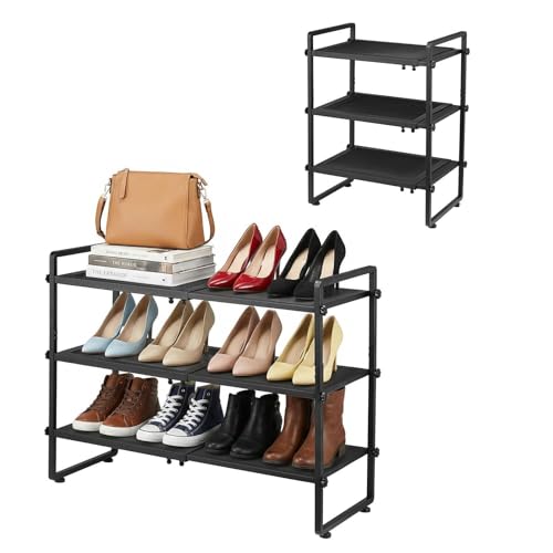 Expandable Shoe Rack for Closet - Shoe Organizer for Entryway, Adjustable Metal Shoe Storage, Stackable Long Shoe Stand Holder for Garage, Hallway, Door Entrance (Black, 3 Tier) - color: Black, size: 3 Tier