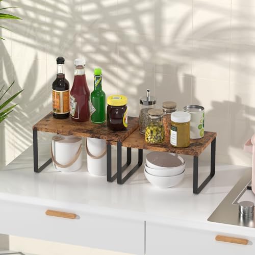 Set of 4 Counter Shelves Kitchen Stackable Cabinet Shelf Wood Organizer Expandable Counter Top Racks Brown Bathroom Counter organizer - color: Brown