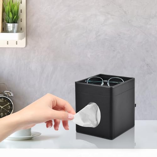 Tissue Box Cover Square Tissue Box Holder PU Leather Facial Tissues Organizer with Storage Tray for Bathroom Vanity Bedroom Office Car, Stylish Napkin Caddy Decorative Organizer (Black) - color: Black