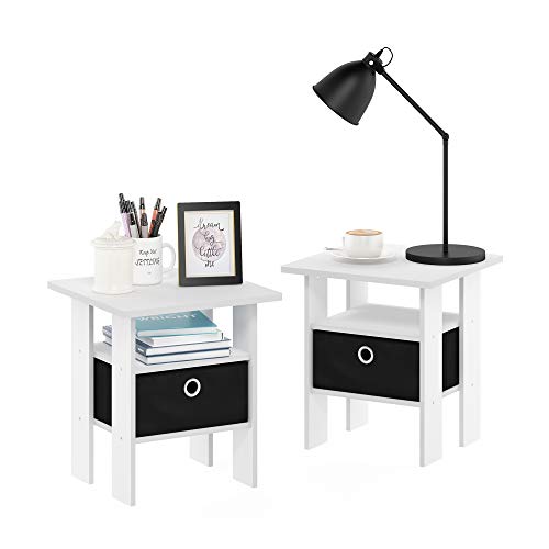 Furinno Andrey Set of 2 End Side Night Stand/Bedside Table with Bin Drawer, 2-Pack, White/Black - color: White/Black, size: 2-Pack, Center Bin