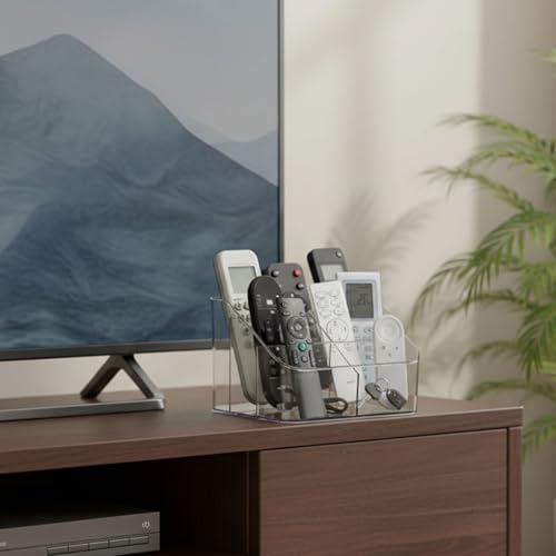Remote Control Holder, Clear Plastic Remote Caddy for Desk and Nightstand Storage, Space-Saving Desk Organizer with See-Through Design for Living Room and Desk Accessories, 5 Compartments - size: 5 Slots
