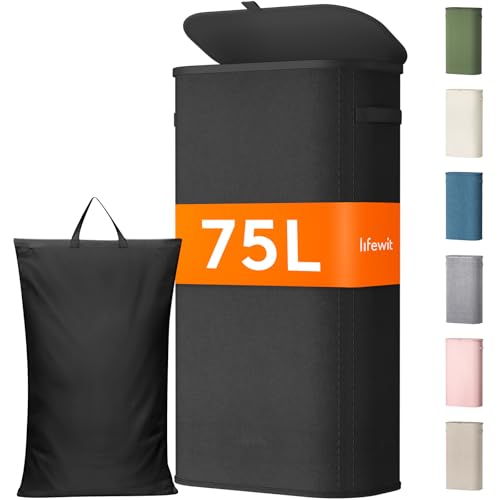 Lifewit Slim Laundry Basket with Lid, Narrow Large Laundry Hamper with Plastic Handles and Removable Bag, Tall Foldable Dirty Clothes Hampers for Laundry Room, Bedroom, Bathroom, Dorm, 75L Black - color: Black, size: 75L