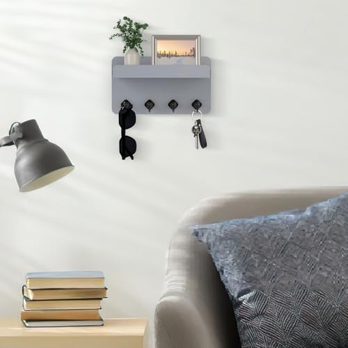 Nekon Key Holder Wall Mount, 8.5 Inch Small Home Decor Wooden Wall Organizer with 4 Hooks and Shelf, Key and Mail Holder for Living Room Entryway Kitchen (Gray) - color: Gray