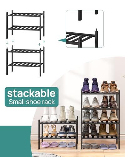 viewcare Black Small Shoe Rack for Entryway,2-Tier Bamboo Shoe Organizer for Hallway Closet, Free Standing Shoe Racks for Indoor Outdoor - color: Black, size: 2-Tier_Samll