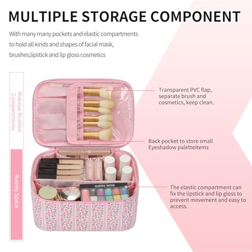 OCHEAL Makeup Bag for Women - Travel Cosmetic Organizer with Brush Slot & Divider, Large Capacity Toiletry Bag for Girls, Travel Makeup Case for everyday Make up Accessories -Pink Floral - color: 0020_Floral Pink, size: Medium