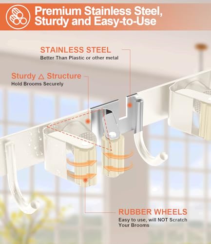 Broom Holder Over The Door Drilling Free Mop and Broom Holder with 4 Over Door Hook, Metal Mop and broom hanger Wall Mount Broom Storage Tool Organizer for Laundry Room Garage Bathroom - light beige - color: light beige