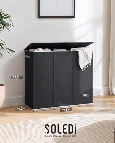 SOLEDI 180L Laundry Hamper 3 Section, Extra Large Laundry Hamper with Lid, Dirty Clothes Hamper with Sturdy Handle, Large Laundry Basket Organizer for Laundry Room, Bedroom, Hampers for Laundry - color: Black, size: 180L