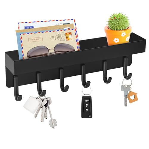 VIS'V Key Holder Wall Mount, Compact Adhesive Key Rack with Tray, 6 Hooks, 2 Mount Options, Black - color: Black