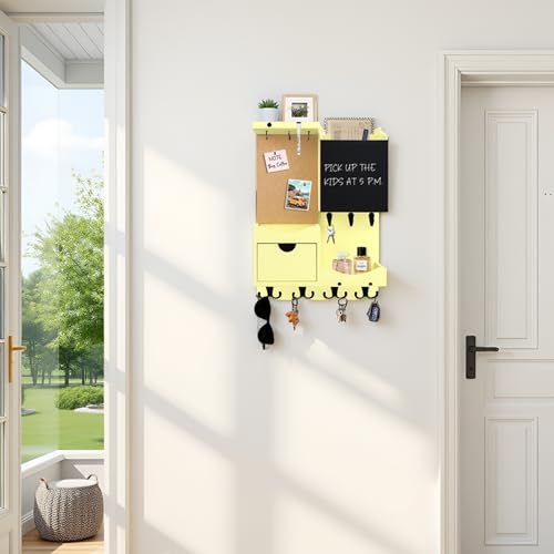 Key Holder Wall Mount， Mail Organizer Key Holder for Wall with Shelf, Drawer, Chalkboard, Corkboard, Home Decor Wall Mounted for Room Entryway (Ivory Yellow) - color: Ivory Yellow, size: Vertical