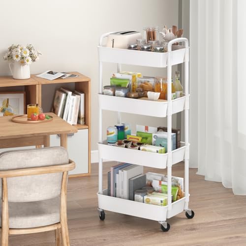 Sywhitta 4-Tier Plastic Rolling Utility Cart with Handle, Multi-Functional Storage Trolley for Office, Living Room, Kitchen, Movable Storage Organizer with Wheels, White - color: White, size: 4-tier
