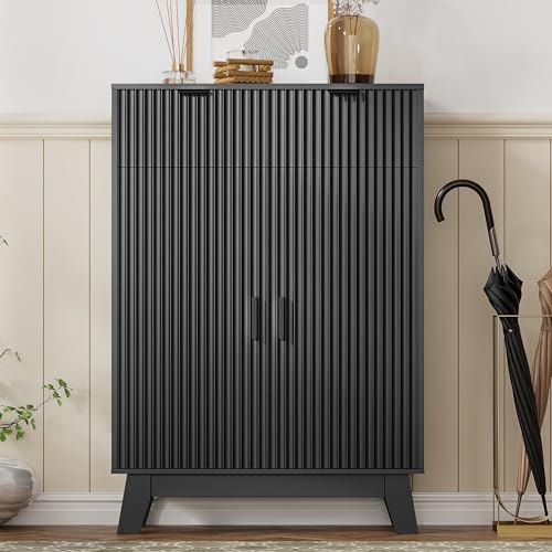 Shoe Cabinet Storage for Entryway, 4 Tier Fluted Shoe Storage Cabinet with 2 Drawers, Narrow Hidden Shoe Organizer with Adjustable Shelves, Freestanding Shoe Rack for Entryway, Hallway, Black - color: Black, size: 4 Tier