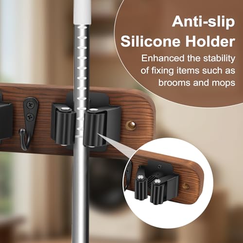 Broom Holder Wall Mount With Vacuum Cleaner Holder,Wood Broom Hangers For Wall，Broom And Mop Organizer Wall Hanging For Laundry Room ，Broom Organizer Wall Mount For Home Garage Kitchen (Black)