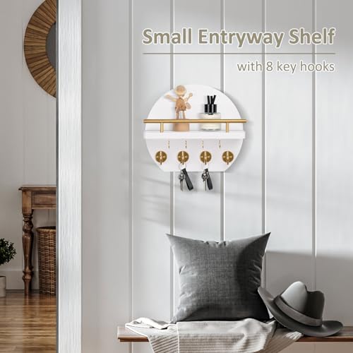 Nekon Key Holder for Wall - 9.8 Inch Apartment Wall Decor with Shelf and 8 Key Hooks, Circular Wood Key Hanger for Home Decor (White with Golden Hooks) - color: White&Gold