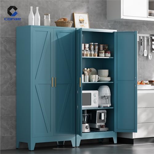 COFaR Metal Pantry Cabinet with Doors, Farmhouse 61'' Tall Storage Cabinet with 3 Adjustable Shelves, Kitchen Pantry Cabinet for Dinning Room, Laundry, Peacock Blue 4-Tier - color: Peacock Blue, size: 61 Tall 2 Doors-Farmhouse