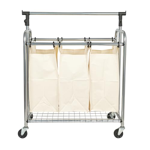 Household Essentials 3-Bag Laundry Sorter with Clothes Rack, Silver, Lightweight, Removable, Sturdy