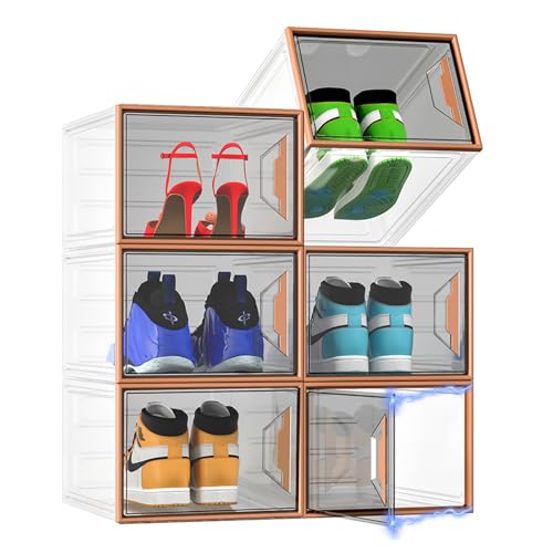 X-Large Stackable Shoe Boxes - Clear Plastic Shoe Storage Boxes with Magnetic Door, Thicken Shoe Organizer for Closet, Space Saving Foldable Shoe Containers Bins for Sneaker Boot - 6 Pack(Brown) - color: Brown