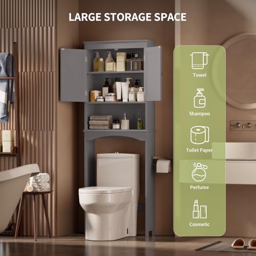 Gizoon Over The Toilet Storage Cabinet with Adjustable Shelf and Double Doors, Bathroom Space Saver Organizer Above Toilet with Open Shelf, Taller Wooden Free Standing Toilet Rack -Grey - color: Grey