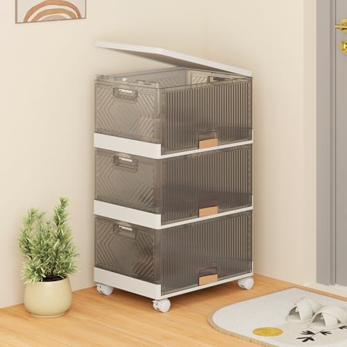Giantex 3 Tier Stackable Storage Bins with Lids, 13.5 Gal Foldable Shoe Storage Box with Detachable Wheels & Flip-Up Doors, Collapsible Closet Organizers and Storage Bins - size: 13.5Gal-3Pack