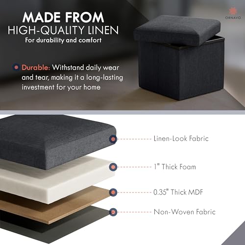 Ornavo Home Small Storage Ottoman Foldable Collapsible Cube Square Linen Ottoman Foot Rest Stool Seat, for Living Room, Bedroom, Home Office, Dorm - 12 x 12 x 12, Black - color: Black