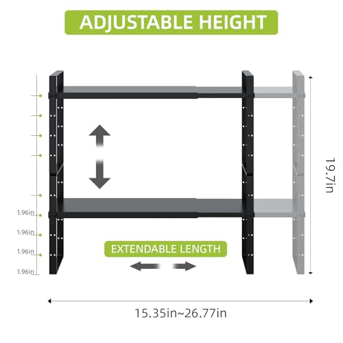 Expandable Cabinet Shelf Organizer Rack, Stackable Kitchen Counter Storage Shelves Stand, Adjustable Height Pantry Shelf Spice Rack (Black-2 Pack, 8.7" D x 15.4-26.8" W x 9.8" H) - color: Black-2 Pack