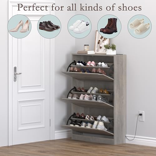 BORNOON Shoe Cabinet with Odor Control and Back Panels, Deodorizing Slim 3-Flip Shoe Storage Cabinet for Entryway, Freestanding Hidden Shoe Rack Organizer for Entrance, Hallway, Bedroom - color: Grey, size: Deodorizing 3-Flip