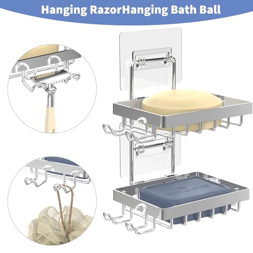 Moforoco Silver Double Soap Bar Holder for Shower, No Drilling Rustproof Stainless Steel, Wall Mounted Soap Holder with 4 Hooks and Razor Holder, Shower Rack Soap Tray Bar Soap for Bathroom & Kitchen - color: Silver, size: 2-T