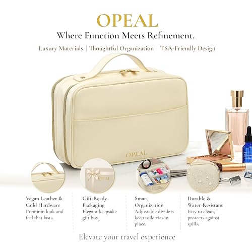 2-in-1 Travel Makeup and TSA Toiletry Organizer for Women – Flexible Compartments, Clear TSA Window, Wipe Clean Vegan Leather, Gift Box Included – Carry-On Approved, Cream - color: Cream Beige