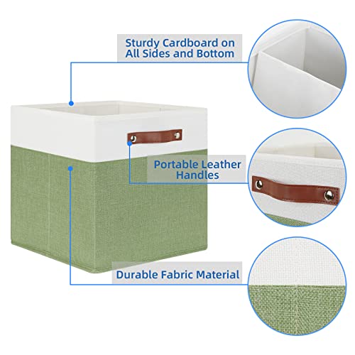 Temary 13 Inch Cube Storage Bin 4 Pack Fabric Storage Cubes Fabric Storage Bin for Shelf, Cube Storage Basket with Leather Handles(White&Green) - color: White&Green, size: 13×13×13