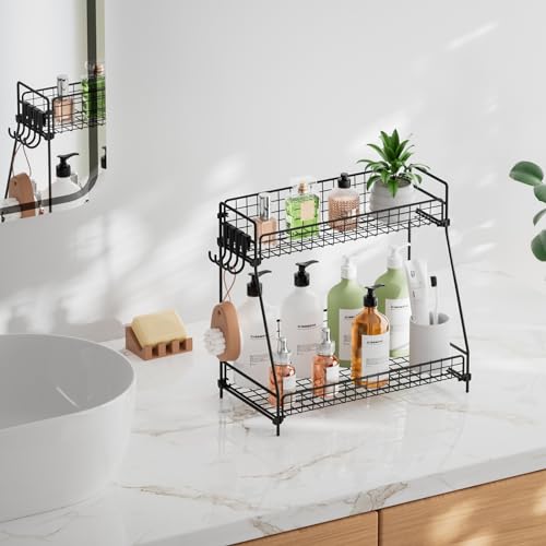 VITVITI 2 Tier Bathroom Organizer Countertop, Metal Wire Bathroom Counter Organizer Storage with Hooks, Vanity Tray Shelf, Kitchen Spice Rack, Black - color: Black Wire