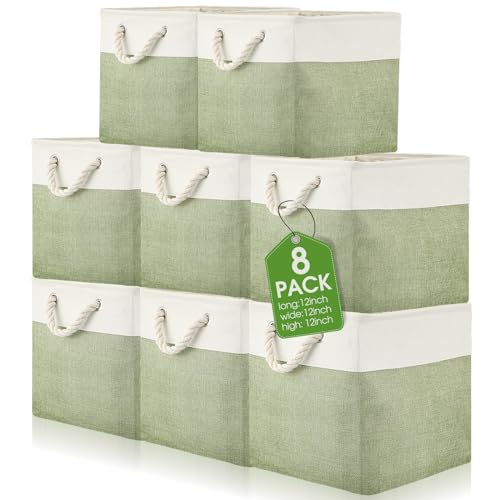 meekoo 8 Pack Collapsible Storage Bins Fabric Storage Bins Polyester Fabric Baskets with Handles Linen Closet Organizer for Shelf Home Closet Towels Toys(12 x 12 x 12 in,Green White) - color: Green White, size: 12 x 12 x 12 In