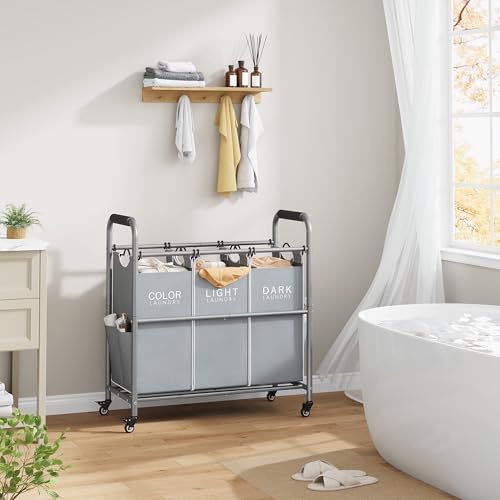 Tajsoon 3 Bag Laundry Sorter Cart, Laundry Hamper Sorter Basket with Heavy Duty Lockable Rolling Wheels for Clothes Storage, Grey & White - color: GreyWhite, size: 3 Bag