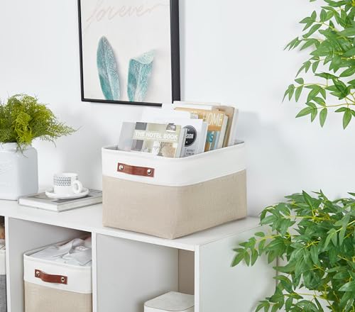 DECOMOMO Storage Bins, Extra Large Fabric Storage Baskets for Shelves, Decorative Linen Closet Organizer, 15.8 x 12.5 x 10 inches (Beige & White, 3 Pack) - color: Beige and White, size: Extra Large/3P