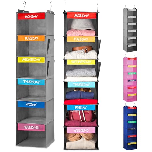 Handy Laundry Hanging Clothes Organizer for Kids - 6-Shelf Closet Daily Clothing Organization Labeled Shelves with Days of The Week Monday Through Friday, Weekday and Weekend (Grey-Colored) - color: Grey-colored