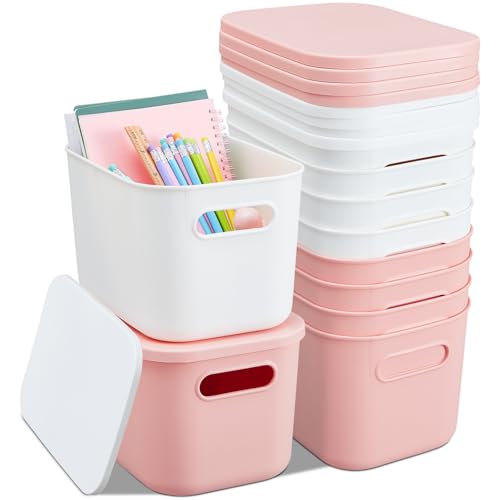 Hoolerry 8 Pieces Colorful Storage Bins with Lid, Plastic Storage Basket Organizing Container Stackable Box with Handle for Shelves Desktop Playroom Office(9.8 x 7.1 x 6.3 Inch,White and Pink) - color: White and Pink, size: 9.8 x 7.1 x 6.3 Inch