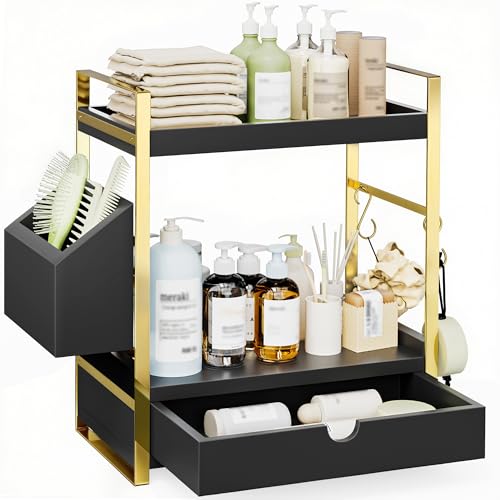 2-Tier Bathroom Counter Organizer with Drawer and Basket, Wood Countertop Organizer for Storage, Skincare Organizers for Vanity, Counter Shelf for Bathroom Organization(Black-Gold) - color: Black-gold
