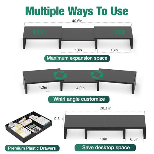 OPNICE Dual Computer Monitor Stand Riser, Desk Organizer with Drawer, Office Desk Accessories & Workspace Organizers for Home Office Supplies, Black - color: Black