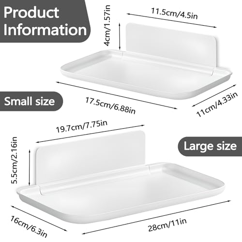 2 Pack White PP Folding Wall Shelf, 6.8" x 4.3" & 11" x 6.3" Foldable Adhesive Shelves, Small Fold-Down Wall Storage Tray for Bathroom Toilet Kitchen Phone Towel