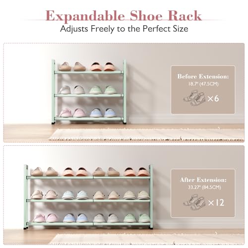 Bumusty 3-Tier Expandable Shoe Rack for Closet, 18“-33” Adjustable Shoe Rack for Small Space, Small Shoe Organizer for Front Door, Sturdy Metal, Green - color: Green, size: 3-Tier