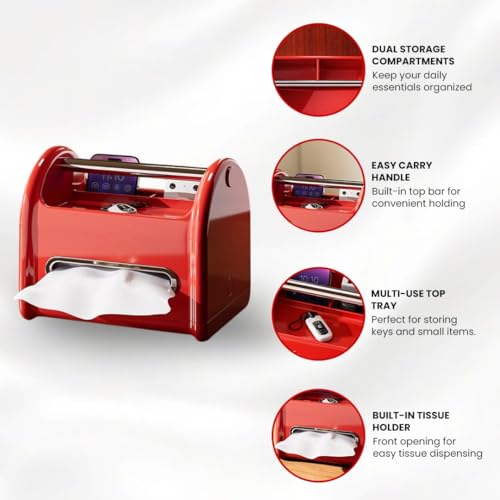 Tissue Box Cover Rectangular with Storage Tray, Multifunctional Facial Tissue Holder and Desk Organizer Napkin Holder - Phone Holder for Car Bathroom Office Living Room Bedroom - Red - color: Red