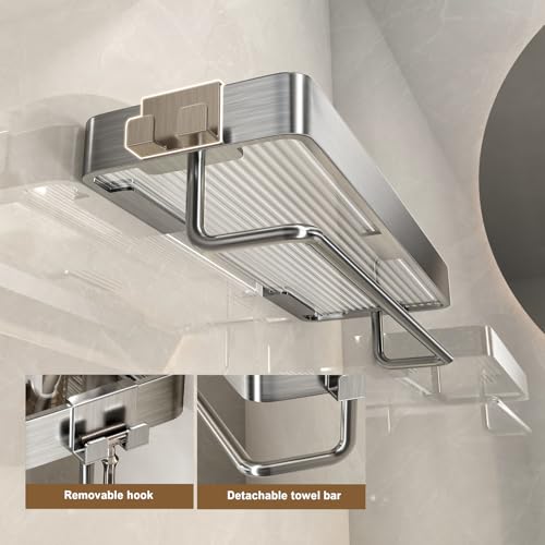 VOLPONE Stainless Steel Wall Mounted Bathroom Shelves - 2-Tier Floating Shelf with Removable Hooks (Brushed Nickel) - color: Brushed Nickel(rectangular)