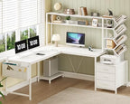 YOMILUVE L Shaped Desk with Hutch, Reversible Computer Desk with Drawers and Bookshelf, Home Office Desks with Storage Shelves for Bedroom Home Office, White - color: White