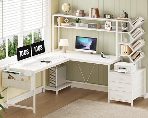 YOMILUVE L Shaped Desk with Hutch, Reversible Computer Desk with Drawers and Bookshelf, Home Office Desks with Storage Shelves for Bedroom Home Office, White - color: White