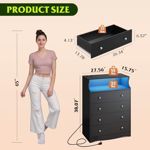 WLIVE Black LED Dresser for Bedroom, Tall Wood Dresser with 4 Drawers and Open Shelf, Chest of Drawers with Power Outlet for Living Room, Hallway, Closet - color: Black, size: 4 Drawers
