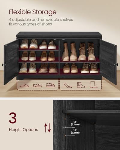 VASAGLE Shoe Storage Bench with Cushion, 3-Tier Entryway Bench with Padded Seat, Doors, Adjustable Shelves, 14 x 39.8 x 20.7 Inches, for Hallway, Bedroom, Charcoal Gray and Ink Black ULSB044B01 - color: Charcoal Gray + Ink Black, size: 14"D x 39.8"W x 20.