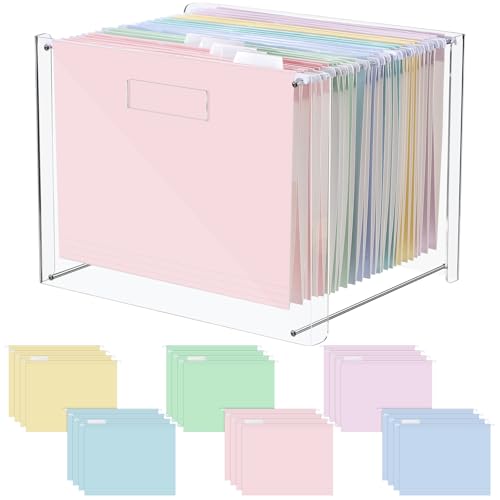 Dispowreath 24 Hanging File Folder with Acrylic Organizer for Letter/a4 Size Desktop Clear File Storage Box with Handles for Home Work Office Use(Macaroon,Classic) - color: Macaroon, style: Classic