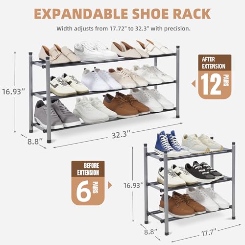 STORAGE MANIAC Expandable Shoe Rack, 12 Pairs Stackable Small Shoe Rack, Metal Adjustable Shoes Organizer for Closet, Entryway, Hallway, Garage, Front Door, Shoes Shelves, Black 3 Tier - color: Black, size: 3 Tier